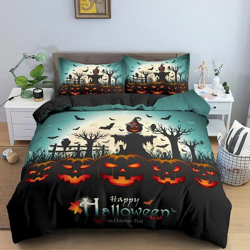 Happy Halloween King Queen Duvet Cover Orange Pumpkin Bedding Set Kids Teens Adults Bats Horror Festival Polyester Quilt Cover
