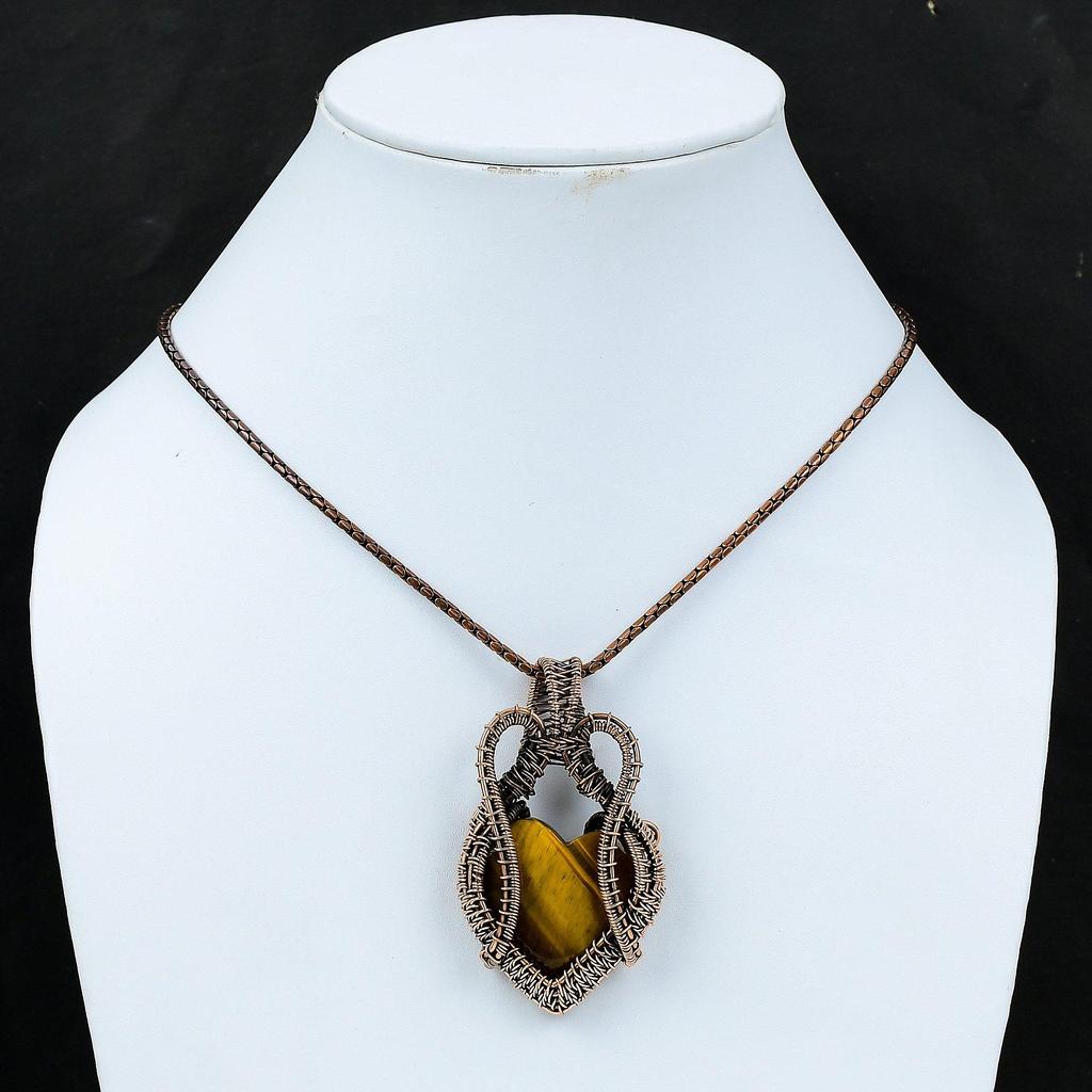 Colgante de joyería hecho a mano envuelto en alambre de cobre con piedras preciosas de ojo de tigre en forma de corazón, regalo de boda