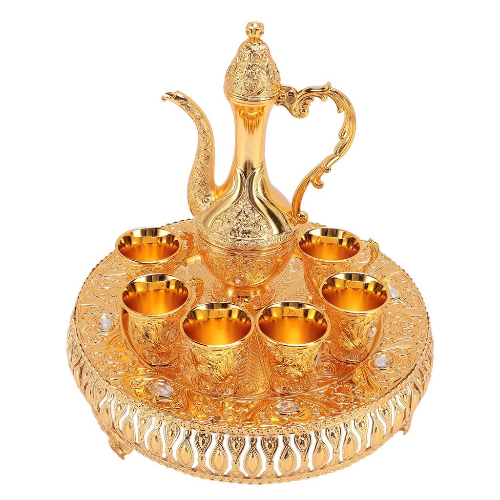 Vintage Wine Pot Set European Retro Coffee Pot Tray Kit Decorative Zinc Alloy Exquisite Carving Wine Cups for Home Party Dinner