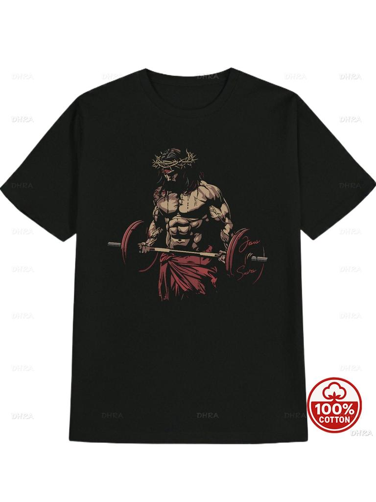 Black Fitness Coach Jesus Christ Weightlifting Art Print Regular Style Fitness Daily Wear Fitness Soft Cotton Tshirt Sportswear