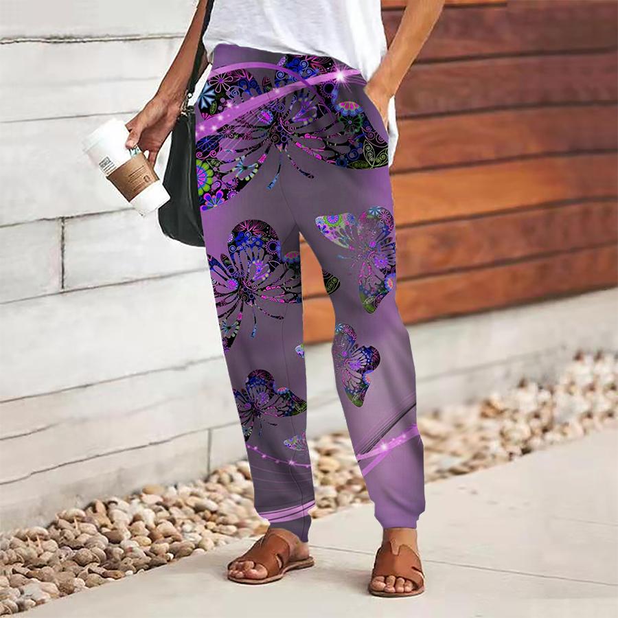 Women Butterfly Printing Pants Lace Up Elastic Waist Loose  Trousers Casual Long Pants Trousers with Pockets