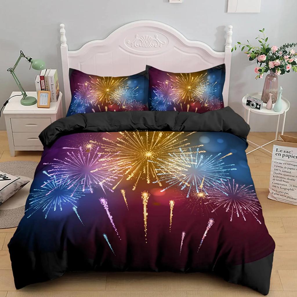 Fireworks Soft Durable Quality Duvet Cover Colourful Fires Celebrate Mery Christmas Theme Polyester for Children Tens Women for Bedrom Decoration