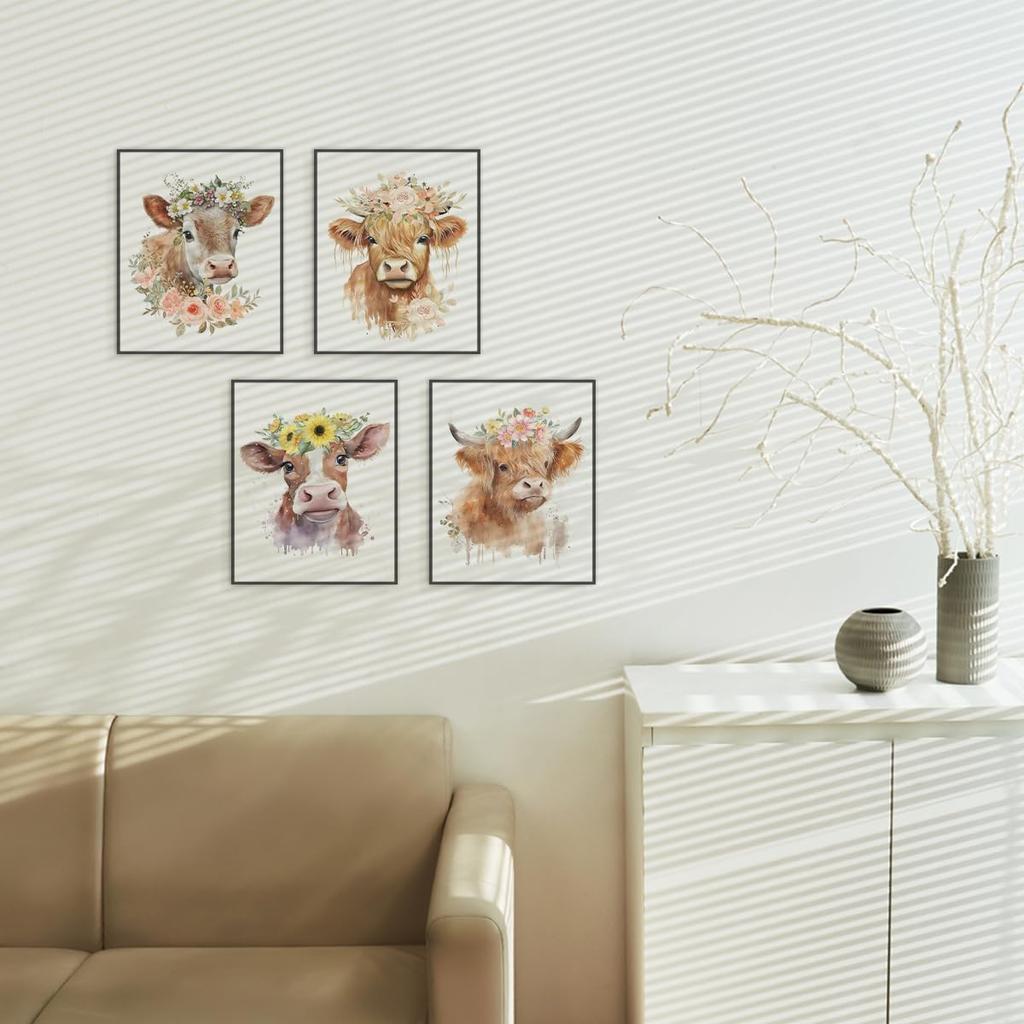 ETVISO Highland Cow Wall Art, Nursery Decor Wall Art Prints Set of 4, Western Floral Baby Cow Watercolor Wall Decor, Highland Cow Baby Shower