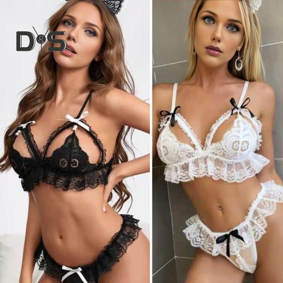 2 Pcs/Set Bra Panties Set Hollow Out Shirring Lace Bow Decor Solid Color Adjustable Strap Thin Bra High Waist Open Crotch G-string Wedding Night