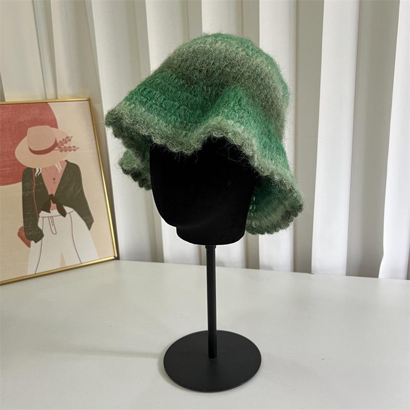 Wool Color Gradual Change Knitted Bucket Hat Women's Autumn and Winter Warm Face Small Ruffle Edge Wool Blend Basin Hat