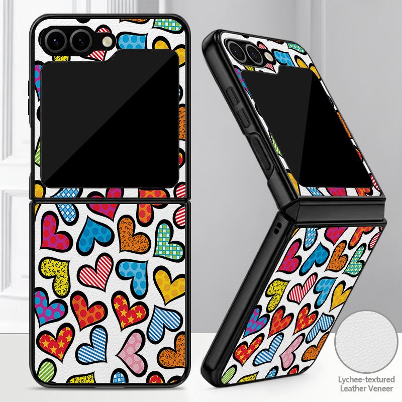 Colorful Leopard Love Heart Case For Samsung Z Flip 8 7 FE 6 5 4 Hybrid Leather Skin Hard PC Bumper Cover For Galaxy Z Flip8 Flip7 Flip6 Flip5