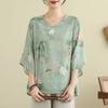Women's Retro Chinese Style Lotus Print V Neck Blouse Casual Loose Fit Half Sleeve Side Tie Knot Linen Blend Top