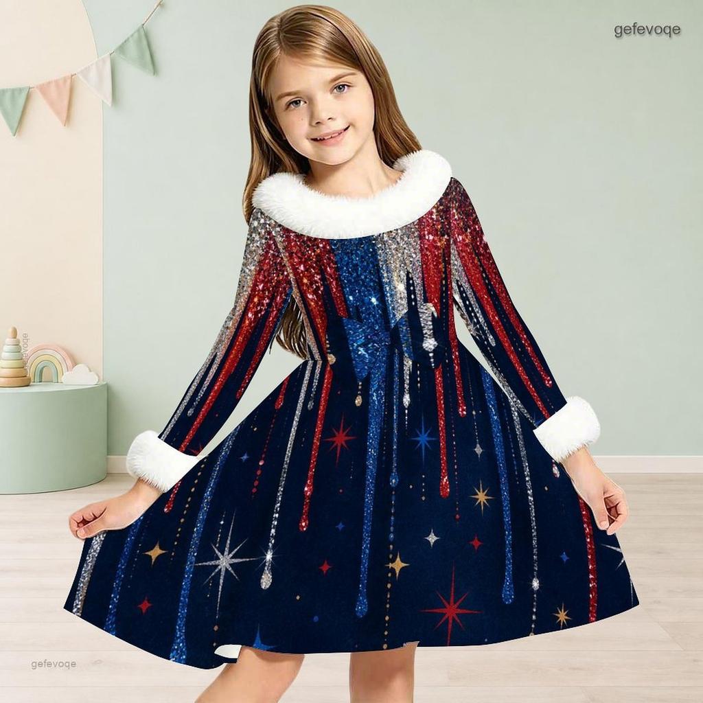 Girls Furry High Neck Long Sleeve Bow Waist Printed Red Blue White Star A Line Flared Dress