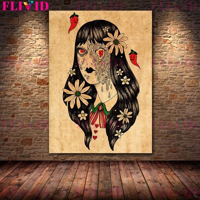 Strawberry Ghost and Scary Girl Retro Wall Art Oil Painting Scary Little Witch Portrait Art Poster