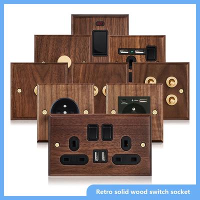 Black Walnut Wood Toggle Light Switch,Home Retro Brass Panel,FR UK Universal Double USB Wall Electrical Socket Vintage Switch