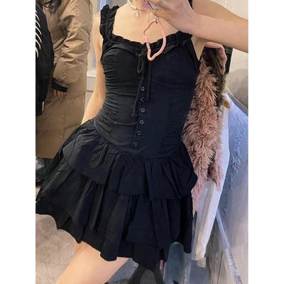 Lotus Leaf Edge Suspender Dress Women's Summer Temperament Elegant Girl Tugging Sister Style Little Black Dress