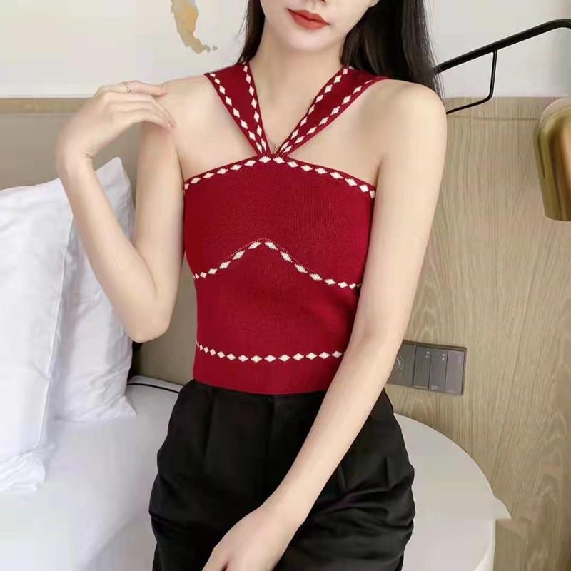 Korean Knitted Halter Vest Female Summer Outside To Wear Small Fresh Sweet Inside with Slim Slim Short Top Design Sense