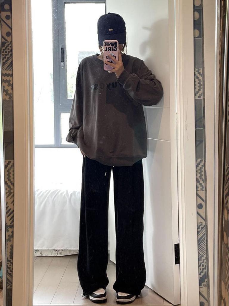 Women's American-Style Gray Sweatpants: Spring & Autumn Loose Fit, Slimming, Wide-Leg, Straight-Leg, Winter Fleece-Lined.