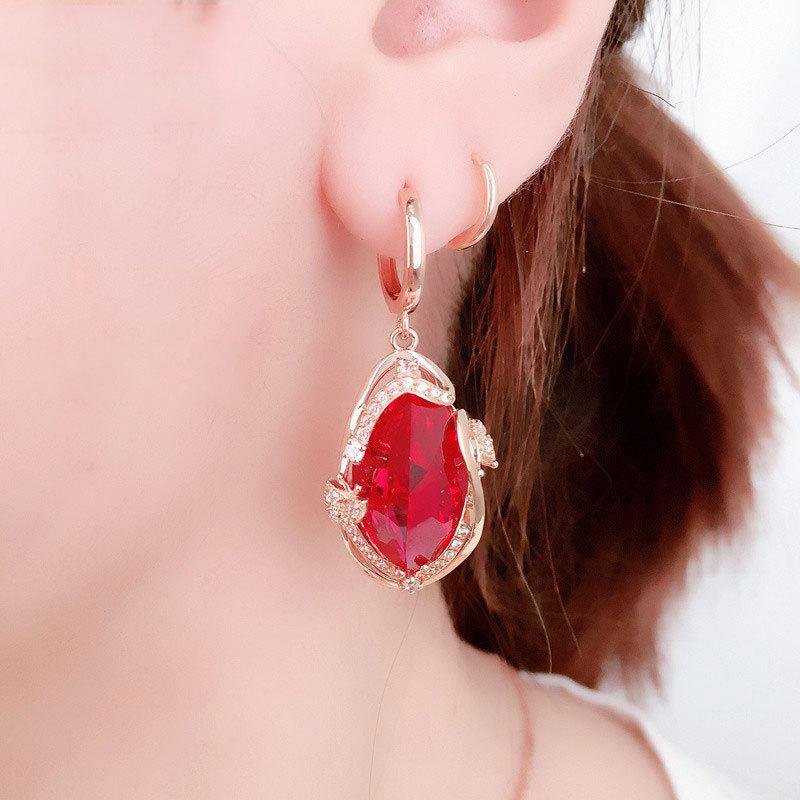 Exquisite Russian Purple Gold Inlaid Colored Gold Luxury Temperament Style Korean Version Water Drop-Shaped Rose Gold Redstone Earrings