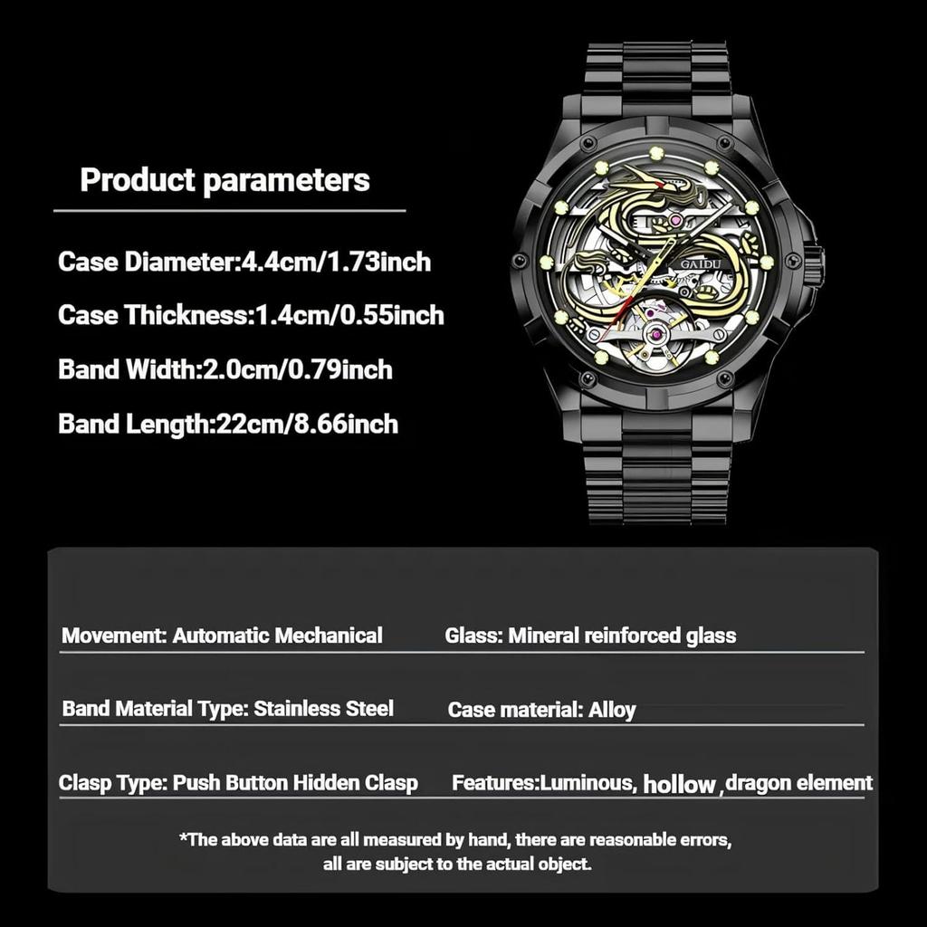 Mens Dragon Watch Automatic Mechanical Watches Fashionable Business Luminous Waterproof Hollowed Out Wrist Watch