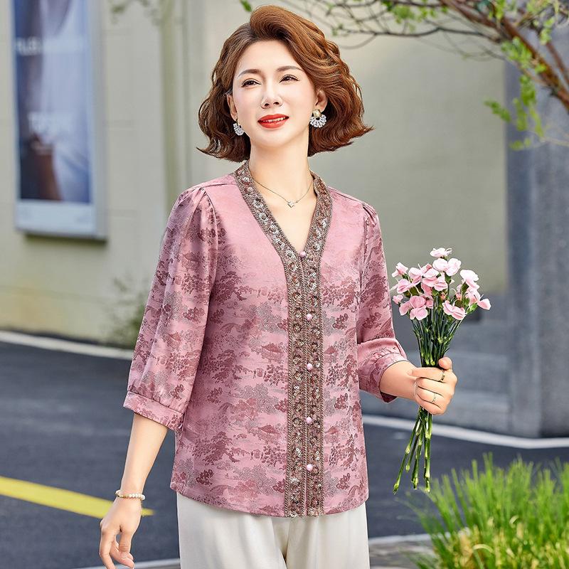 Stylish 2026 Summer Printed Seven-Sleeve Top for Middle-Aged & Elderly Women - Loose Fit, Belly-Covering