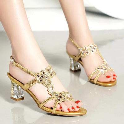 Fashion Rhinestone High Heels Sandals Open Toe New Fashion Shoes Summer Women's Diamond Fairy Mid Heel Beach Roman Sandals