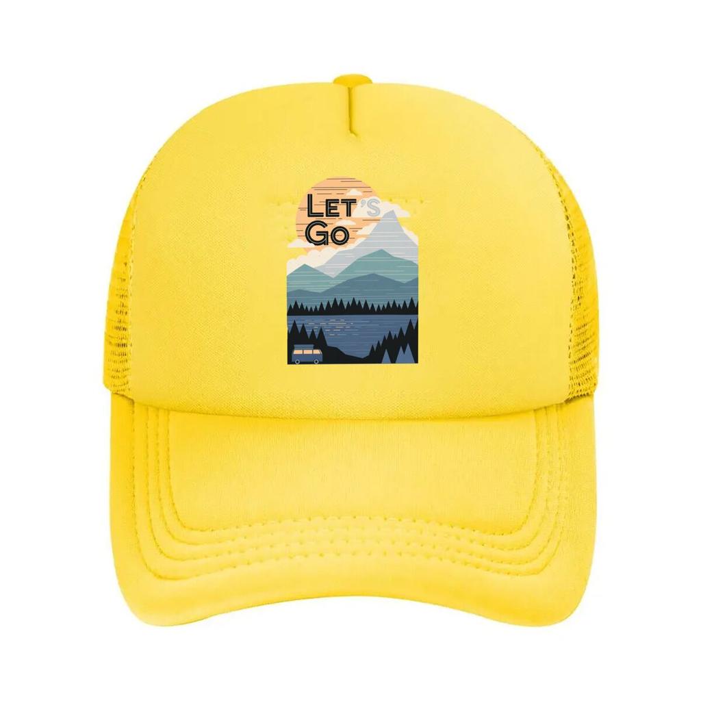 Lets Go Mountain Lake Camping Van Sunset Graphic Mesh Baseball Cap For Womens Unisex FeUnisex Beach Dad Hat Hip Hop