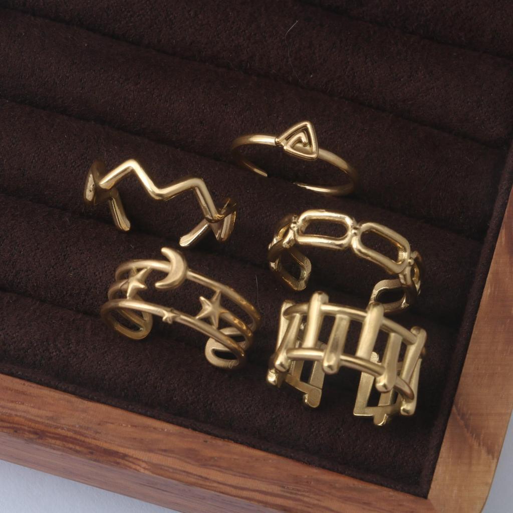 Adjustable 18k Gold Titanium Steel Geometric Ring with Hollow Stars and Moon Design for Women