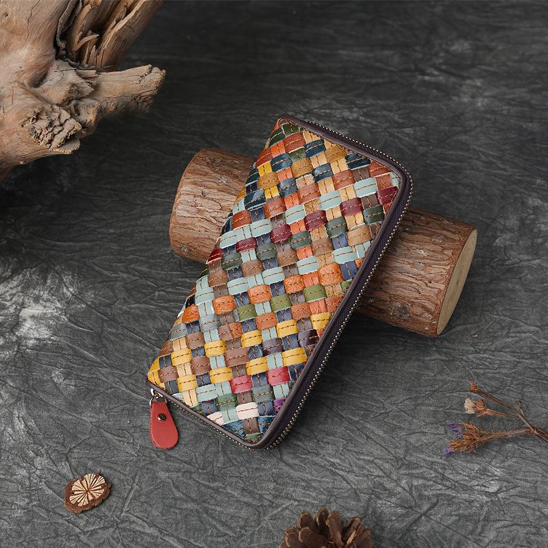 Portofel Lung Împletit din Piele Geantă cu Capacitate Mare Portofel cu Fermoar cu Mai Multe Sloturi