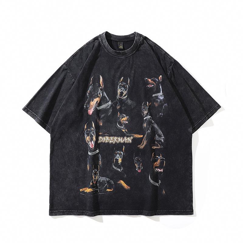 TKPA Doberman Vintage Crew Neck Unisex T-Shirt – Washed, Retro High Street Style, Loose Fit, Short Sleeve Streetwear