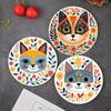Retro Wooden Mandala Coasters Set Round Party Supplies Cat-Themed Cup Mat Heatproof Drink Pads for Bar, Office, Home Decor