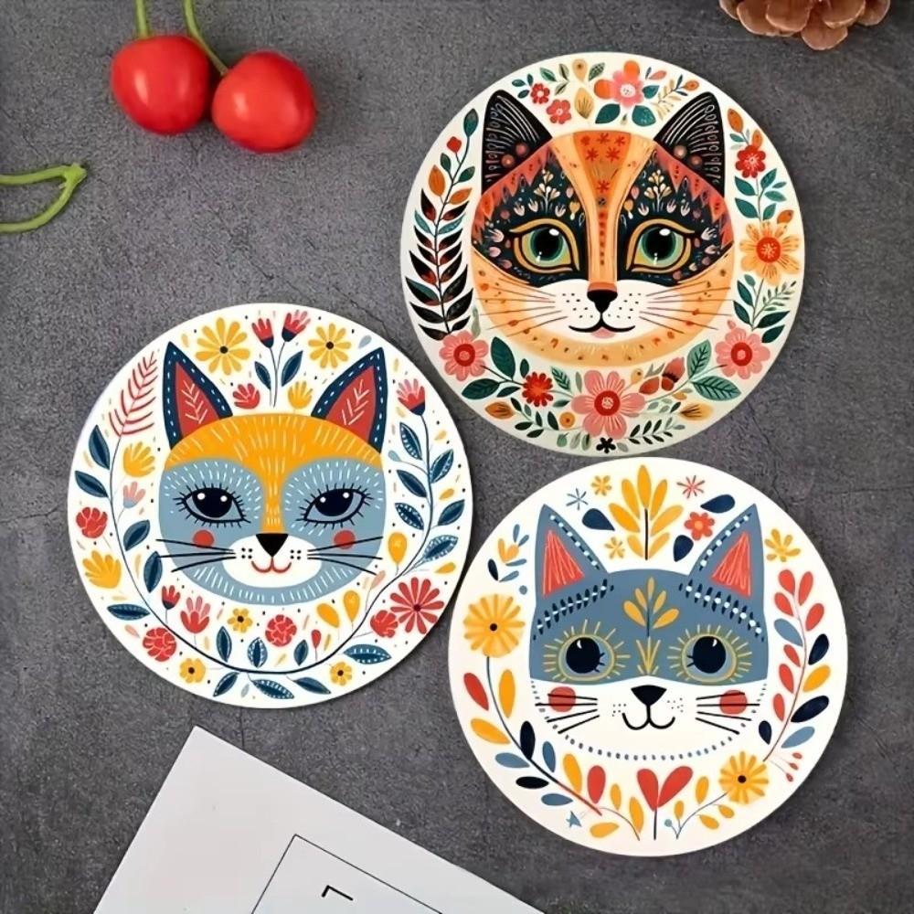 Retro Wooden Mandala Coasters Set Round Party Supplies Cat-Themed Cup Mat Heatproof Drink Pads for Bar, Office, Home Decor