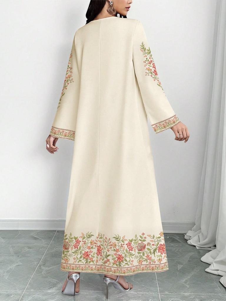 2026 Spring/Autumn Women's Floral Print Muslim Casual V-Neck Loose Bell Sleeve Long Dress