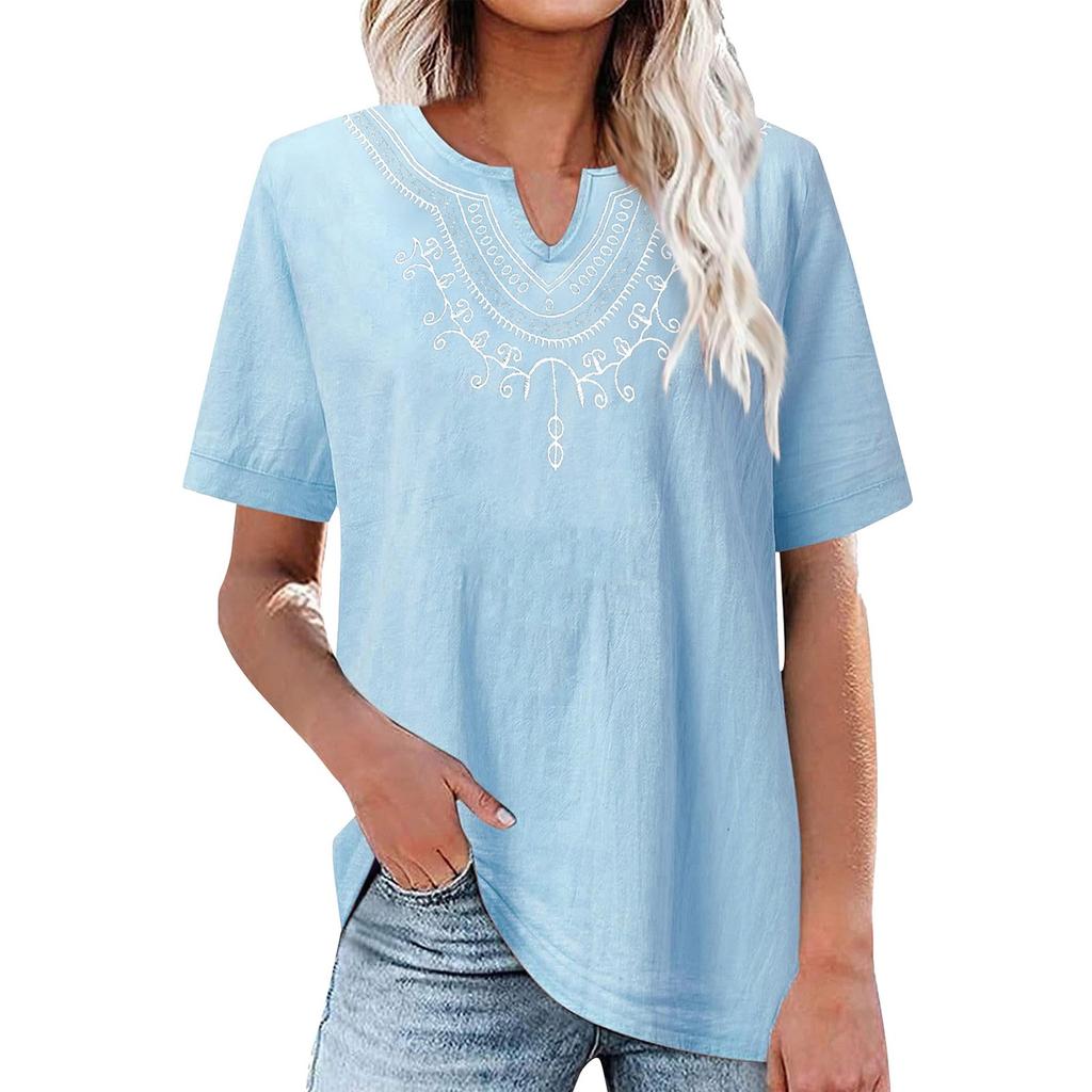 Cotton And Linen Embroidered Shirt V-Neck Color Women's Artistic Loose Fitting Short Sleeved Summer