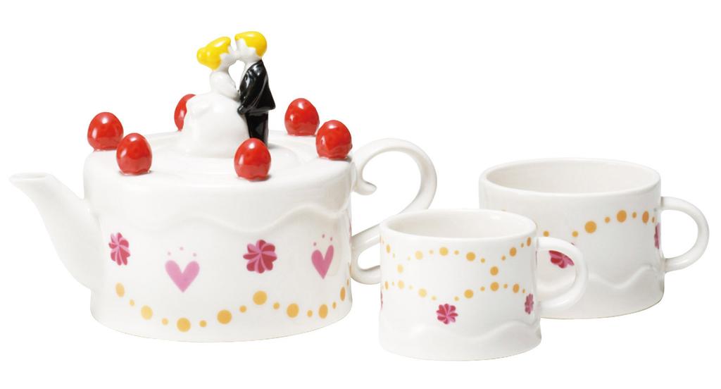 Sun Art Teapot Cups Set for SAN2004 Brown "Happy Wedding" Cake-Shaped & (Tea 2)
