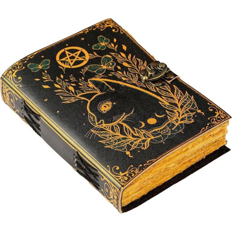 Blank Leather Spell Book: Cat Design Grimoire, Handmade Journal
