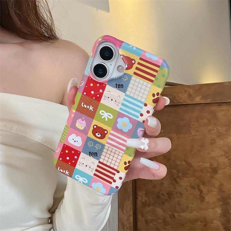 Color Patchwork Plaid Bear Magnetic Stand Case for iPhone 17/16 Pro Max/15 Pro - Women's Edition