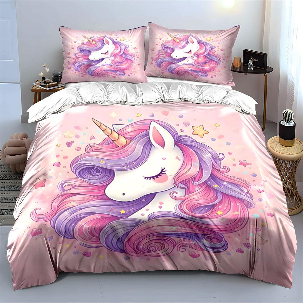 Dreamy Unicorn In Pink And Purple Print Bedding Set 1 Duvet Cover 2 Pillowcases For Adult And Children Luxury Gift Full Size