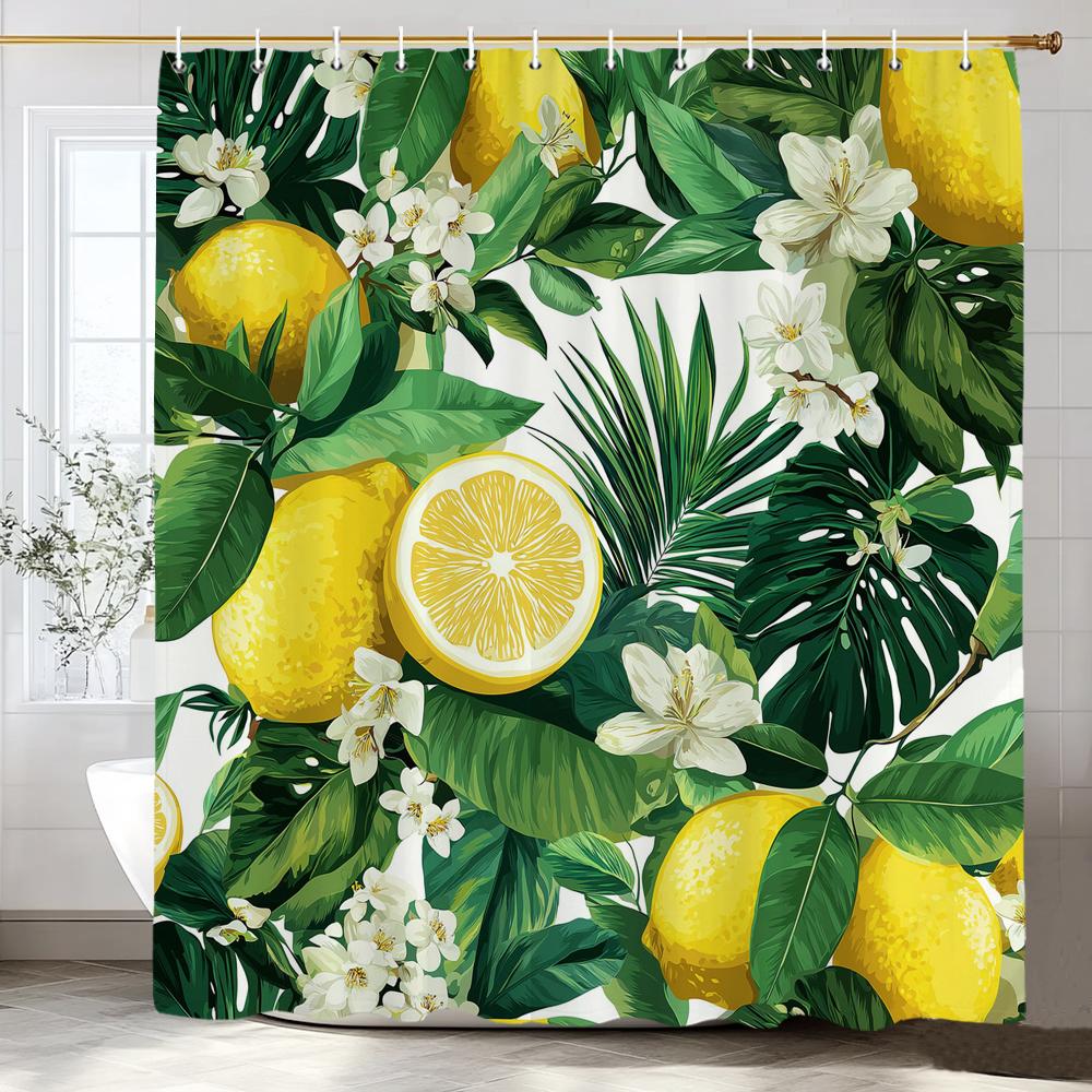 Lemon, Strawberry, Peach Tropical Fruit Shower Curtain, Bathroom Decorative Shower Curtain, Print Polyester Curtain With Hooks