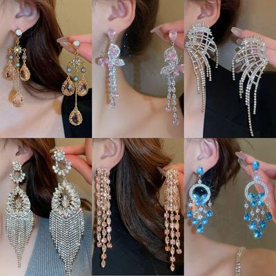 Srebrne Kolczyki z Frędzlami w Kształcie Kokardy z Cyrkoniami: Koreański Styl, Przesadnie Luksusowe Kolczyki Studs