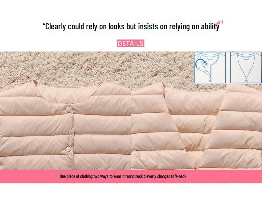 2024 Women's Lightweight Collarless Down Jacket, Short Round Neck, Thin Outerwear