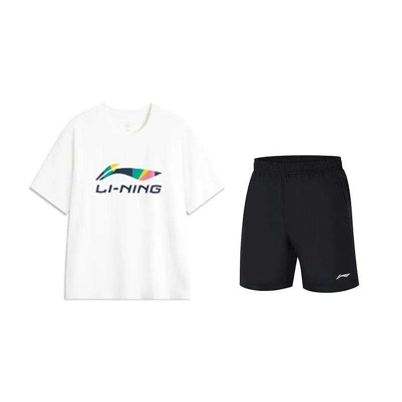 

Футболка с круглым вырезом и короткими рукавами с принтом логотипа Li Ning и шорты средней посадки с завязками, повседневный спортивный комплект, унисекс комплекты AHSVD61-1+YKST119-1 2XL