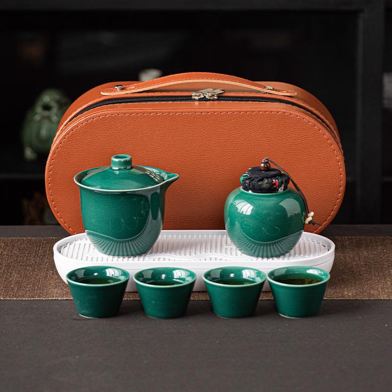 Ge kiln ceramic kung fu tea set, one pot of four cups, outdoor portable travel tea set, teacup gift souvenir