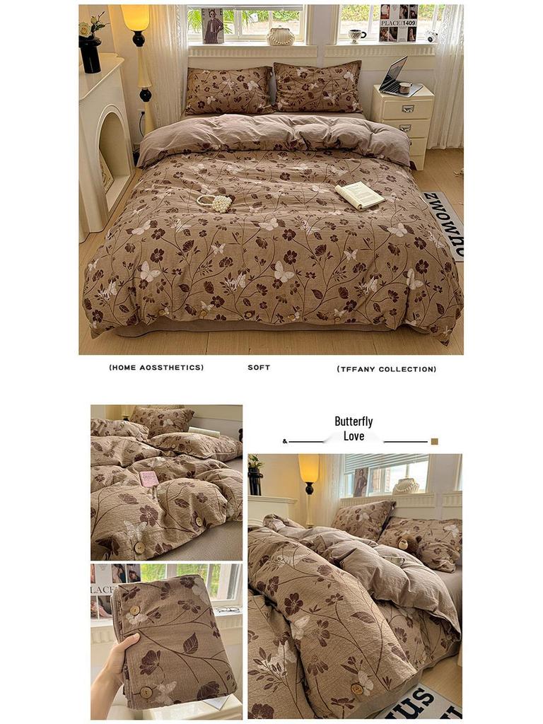 Retro Floral Linen Bedding Set: Autumn & Winter 4-Piece with Button Duvet Cover & Sheet