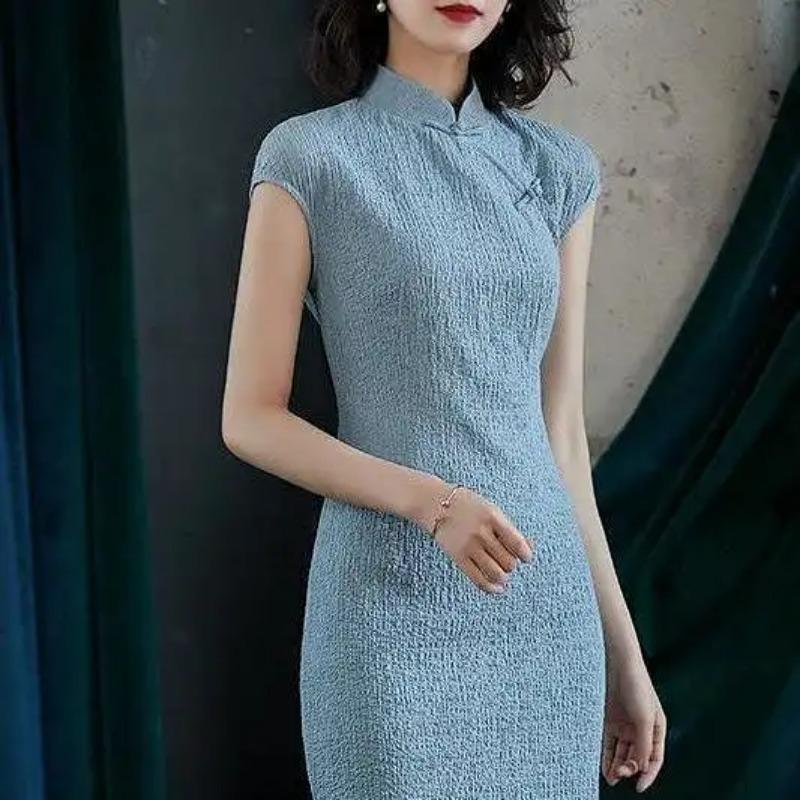 Dames Marineblauw Cheongsam Jurk Mandarijnkraag Korte Mouwen Zijsplit Qipao Avondjurk
