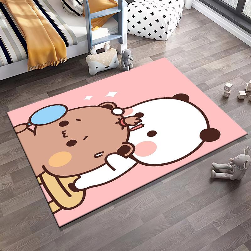 Cute Cartoon Panda and Bear with Pink Background and Mirror - Adorable Carpet Design Suitable for Use As an Anti-slip1 For1room and Bedroom Sofas
