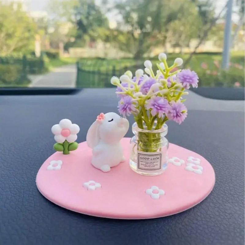 Creative Cute Daisy & Four-Leaf Clover Coaster, Decorative Accessory Mini Car/Desktop Ornament, Adorable Rubber Rabbit Vase With Cute Animal Figurine