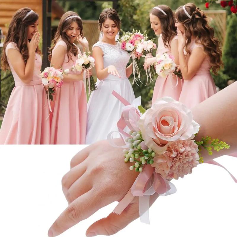 1PC Suit Corsage Pins Elegant Corsage Bracelet Wedding Non-Fading Silk Rose Bridesmaid Wrist Flower Groom Boutonnier