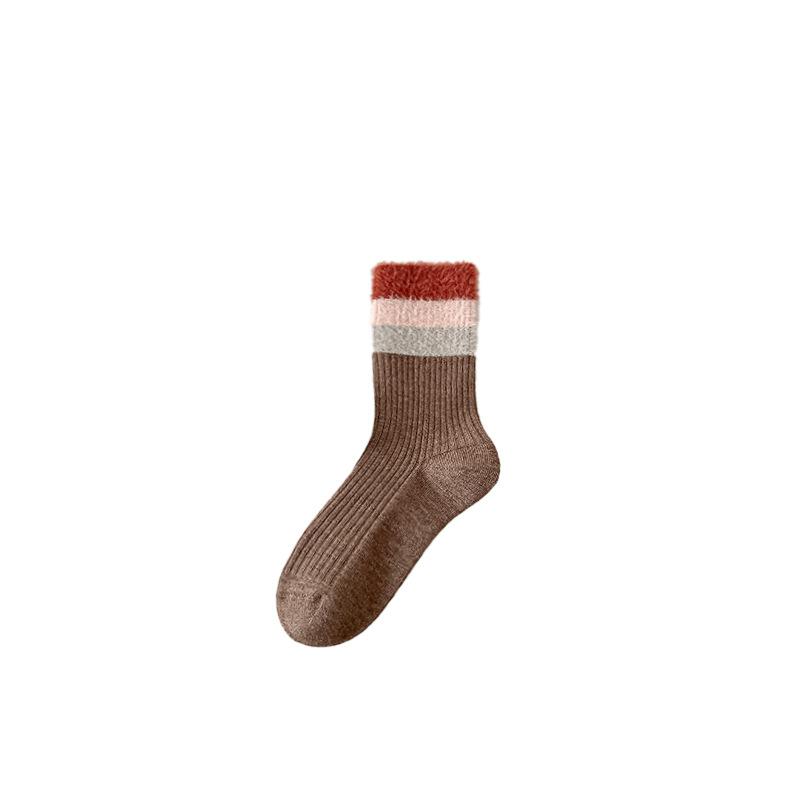 Wool Socks, Women's Autumn and Winter Mink Wool Patchwork Socks, Winter Snow Boots, Pile Socks