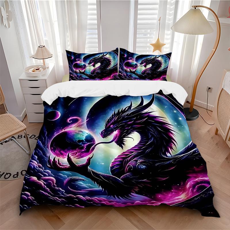 3pcs Galactic Dragon with Flames and Whiskers Pattern Bedding Three-Piece Set (1 Cover + 2 Pillowcases, No Fillings), This Printed Bedding S