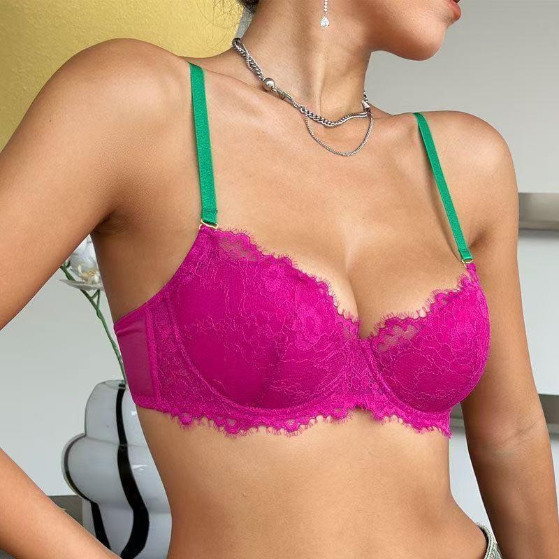 European & American Deep V Lace Color Block See-through Bra & Panty Set for Women - Enhancing & Sexy
