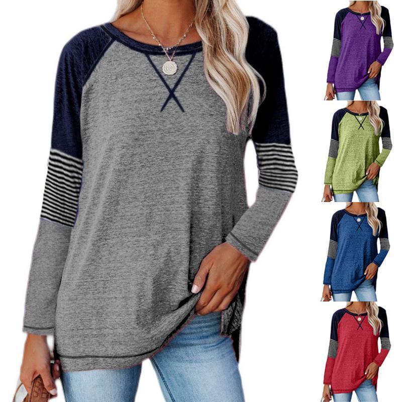 

Женские повседневные топы Весенне-осенние топы Футболки с длинными рукавами Топы в полоску в цветную полоску Женские лоскутные блузки Хлопковые пуловеры Толстовки