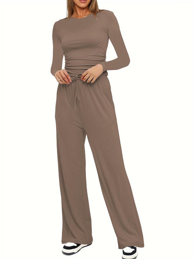 Kardashian Style Comfy Wide-Leg Tie-Up Set with Long Sleeves