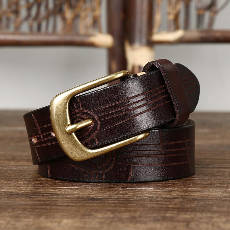 3.3Cm Wide Retro Personalized Embossed Belt Men'S Genuine Leather First Layer Cowhide Fashion Trend Casual Copper Buckle Belt