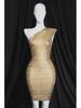 Gold-Stamped Silver Oblique Shoulder Bandage Evening Dress
